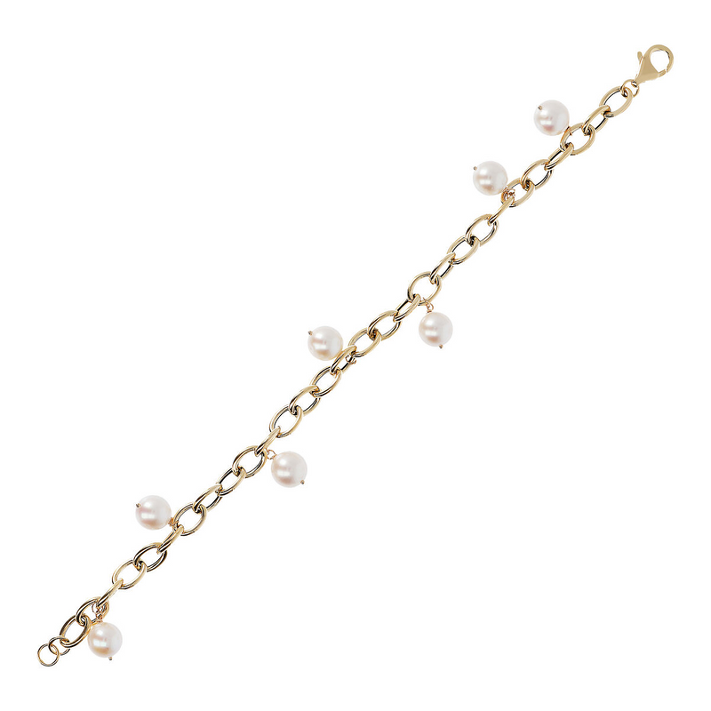 750 Gold Bracelet with Oval Rolo Mesh and White Akoya Pearls Ø 8/9 mm