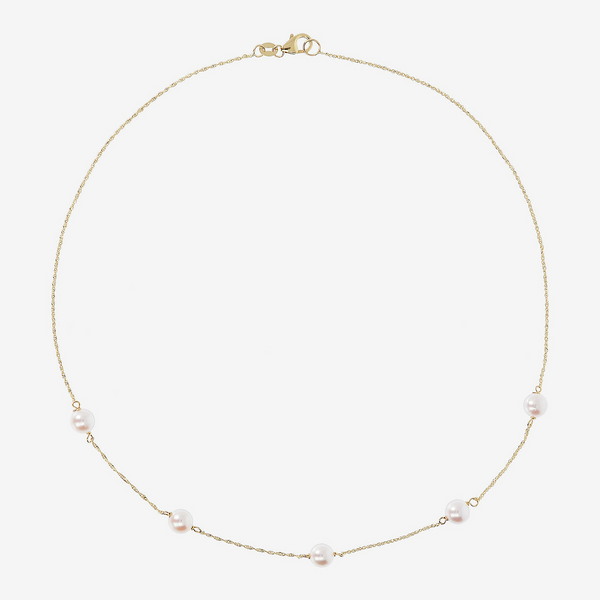 Collana Girocollo Maglia Singapore in Oro 750 con Maglia Diamantata e Perle Bianche Akoya Ø 6/7 mm