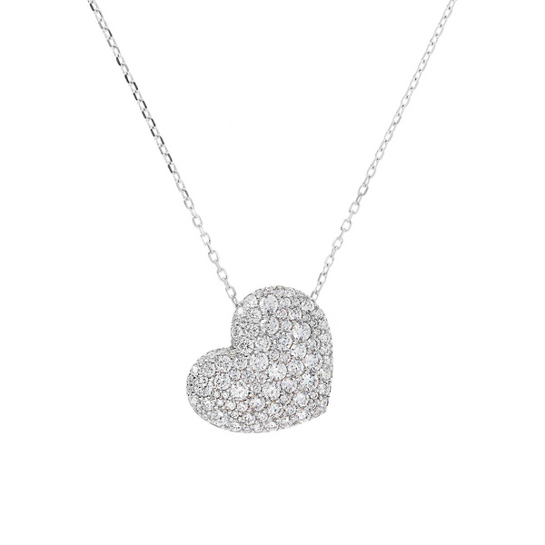 Long Necklace in Rhodium Plated 925 Silver with Heart Pendant with Pavé in Cubic Zirconia