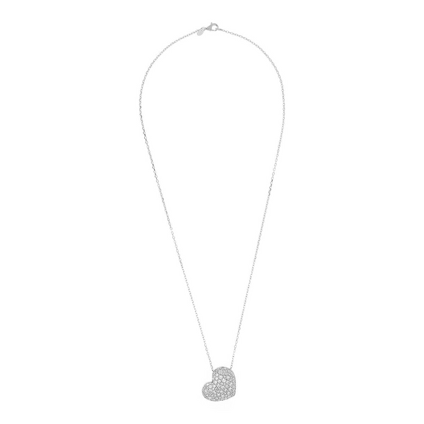 Long Necklace in Rhodium Plated 925 Silver with Heart Pendant with Pavé in Cubic Zirconia