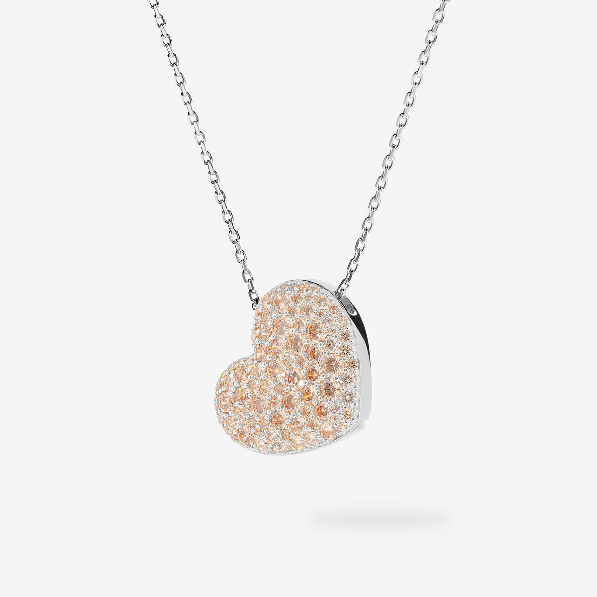 Rhodium plated 925 Silver Necklace and Heart Pendant with Cubic Zirconia Pavé