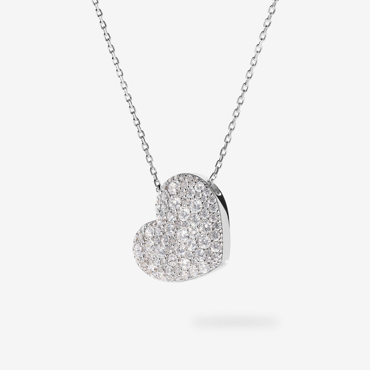 Rhodium plated 925 Silver Necklace and Heart Pendant with Cubic Zirconia Pavé