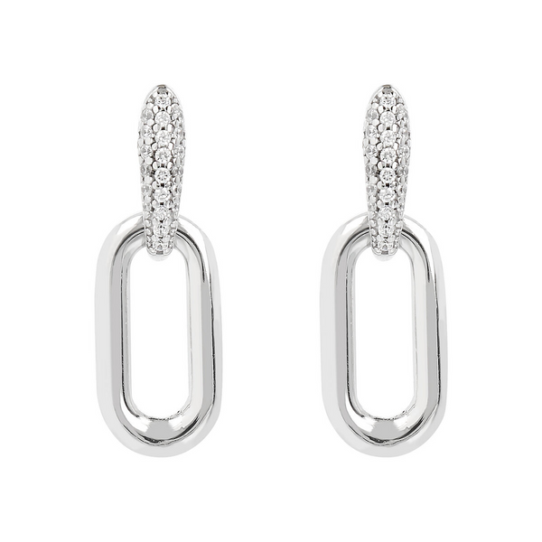 Maxi Oval Link Dangle Earrings in Rhodium plated 925 Silver with Cubic Zirconia Pavé Element