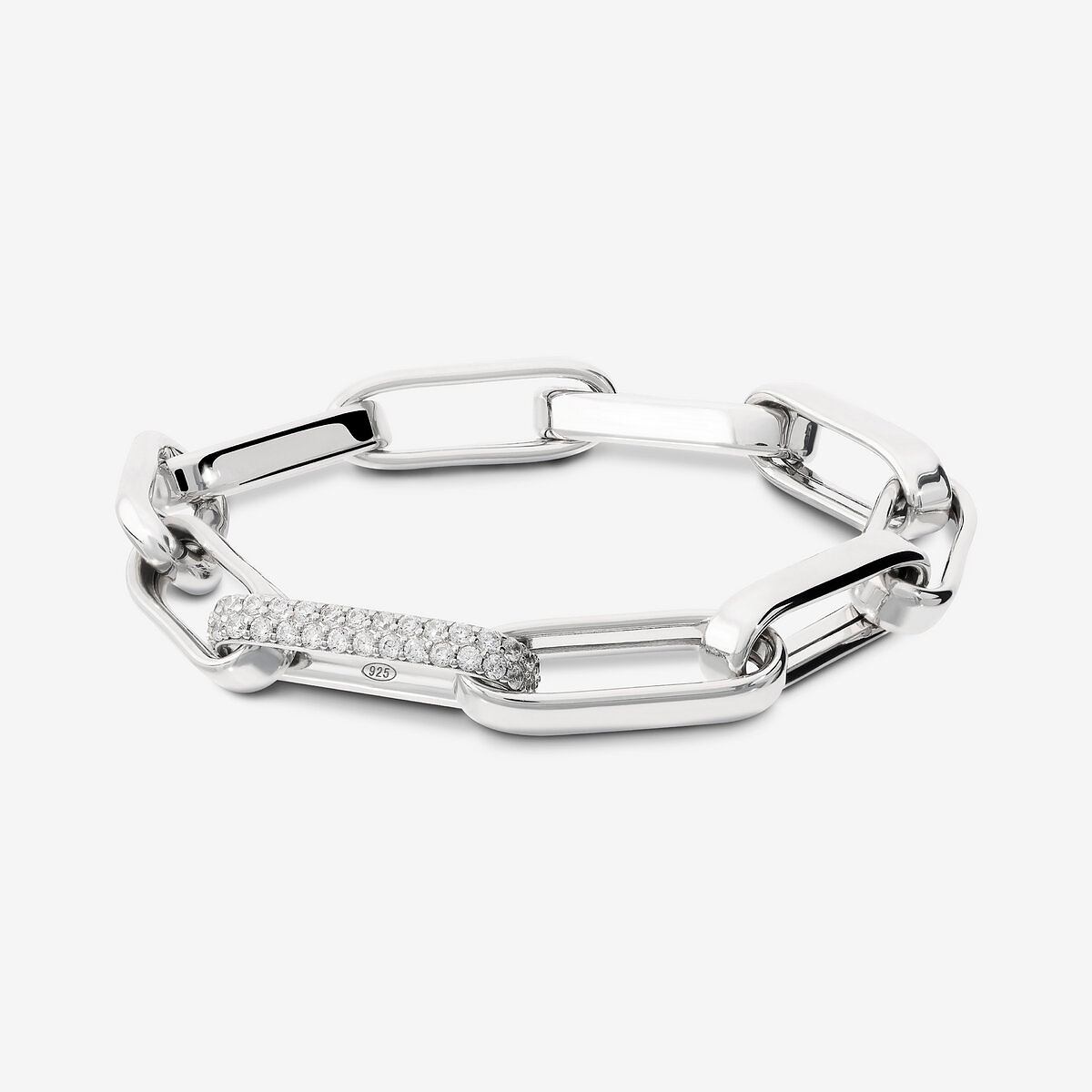 Bracelet à maillons ovales maxi en argent 925 rhodié avec élément pavé de zircones cubiques