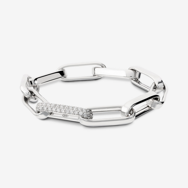 Bracelet à maillons ovales maxi en argent 925 rhodié avec élément pavé de zircones cubiques