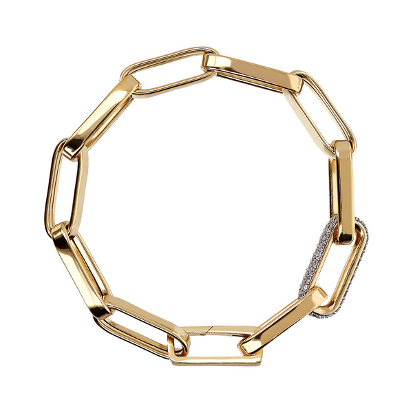 Bracciale Maxi Maglie Ovali in Argento 925 placcato Oro Giallo 18kt con Elemento in Pavé di Cubic Zirconia