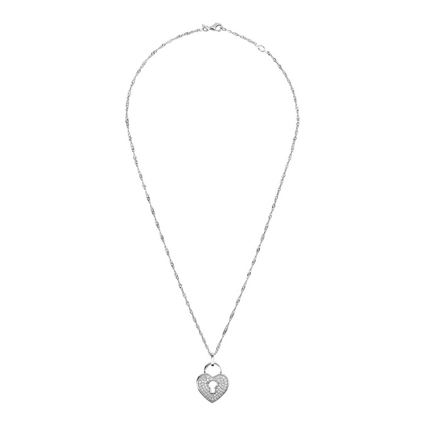 Singapore Necklace in Rhodium plated 925 Silver with Pavé Heart Pendant in Cubic Zirconia