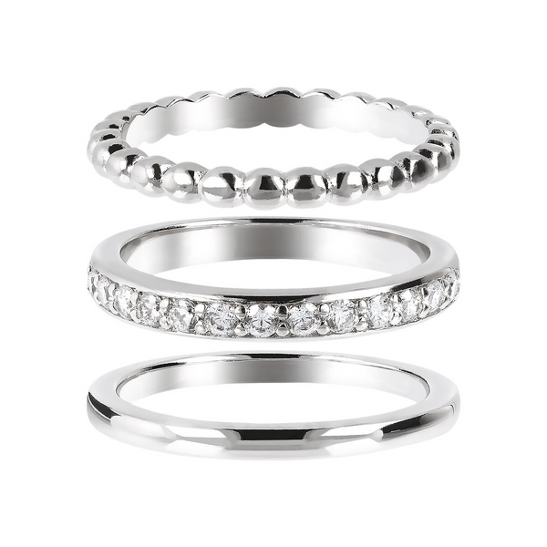 Set of Three Band Rings in Rhodium Plated 925 Silver with Cubic Zirconia