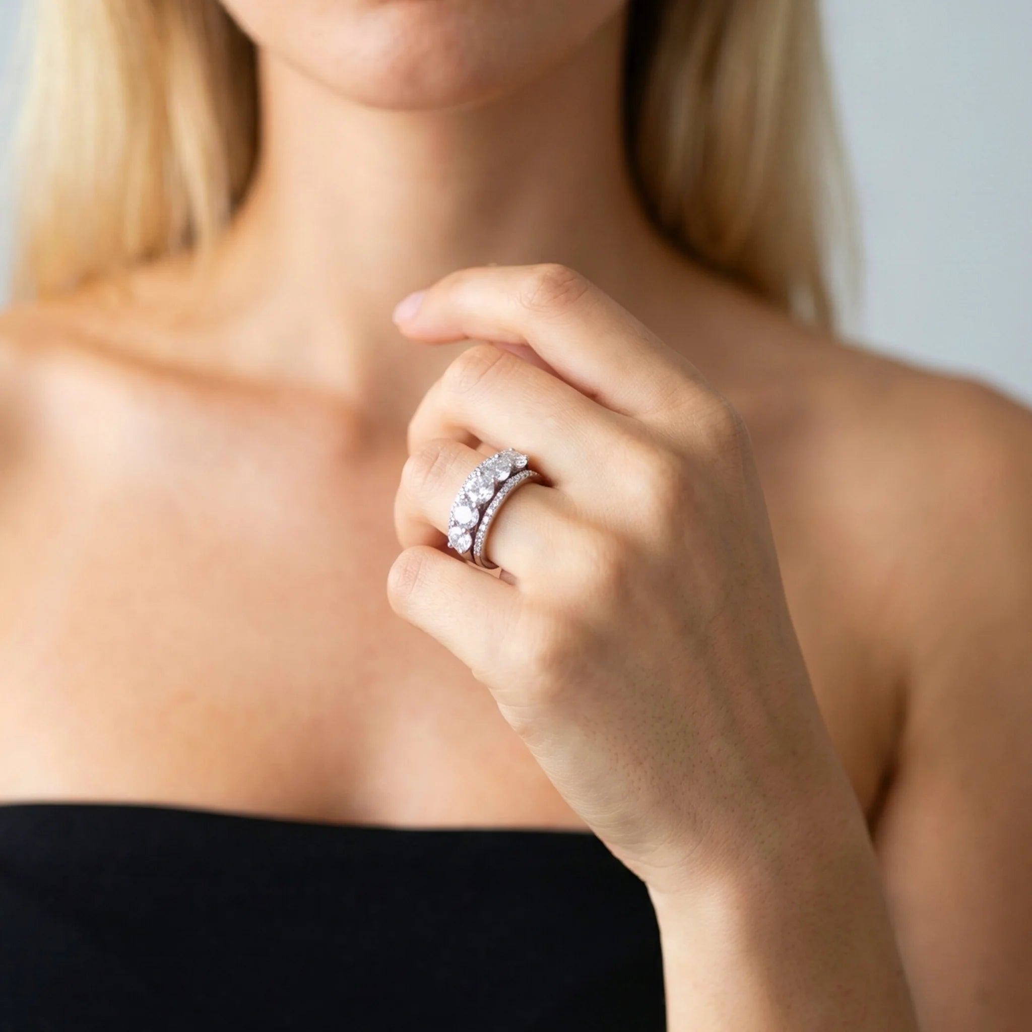 Set of Three Rings in Rhodium Plated 925 Silver with Cubic Zirconia