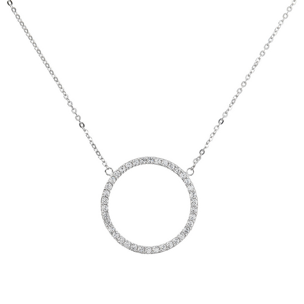 Necklace in Rhodium Plated 925 Silver with Central Circle in Cubic Zirconia Pavé