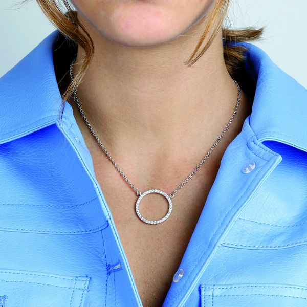 Glitzernde Halskette aus rhodiniertem 925er Silber mit zentralem Kreis aus kubischem Zirkonia-Pavé