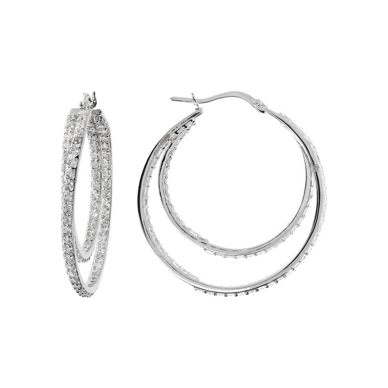 Rhodium plated 925 Silver Hoop Earrings with Cubic Zirconia