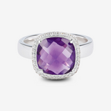 Solitärring mit Amethyst, 925 Platin-plattiertes Sterling Silber mit Cubic Zirkonia Pavé