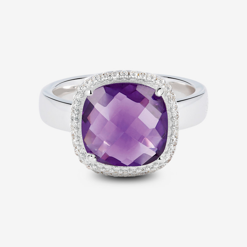Solitärring mit Amethyst, 925 Platin-plattiertes Sterling Silber mit Cubic Zirkonia Pavé