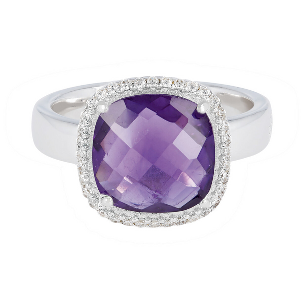 925 Platinum Plated Sterling Silver Solitaire Ring with Amethyst and Cubic Zirconia Pavé