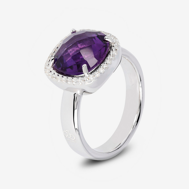 Solitärring mit Amethyst, 925 Platin-plattiertes Sterling Silber mit Cubic Zirkonia Pavé