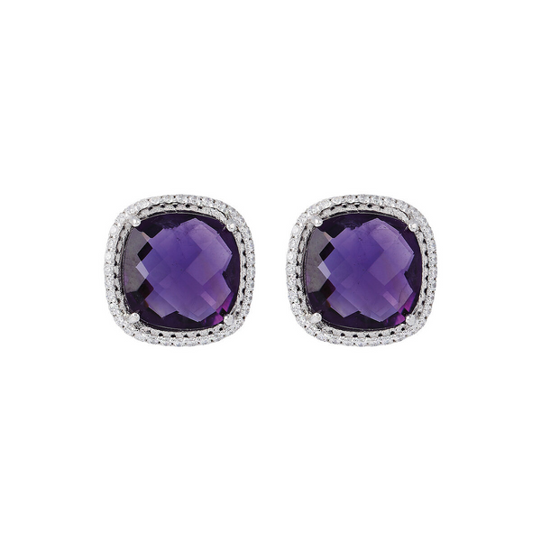 Amethyst Stud Earrings in 950 Platinum Plated Sterling Silver with Cubic Zirconia Pavé
