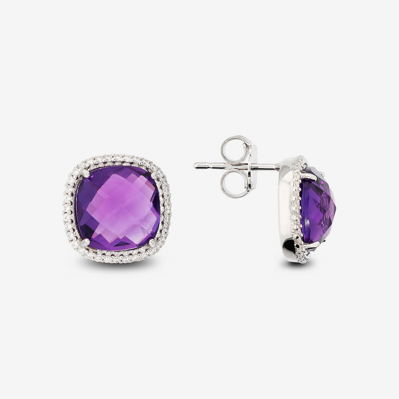Boucles d'oreilles Lobe Améthyste en Argent 950 Plaqué Platine avec Pavé de Zircones Cubiques