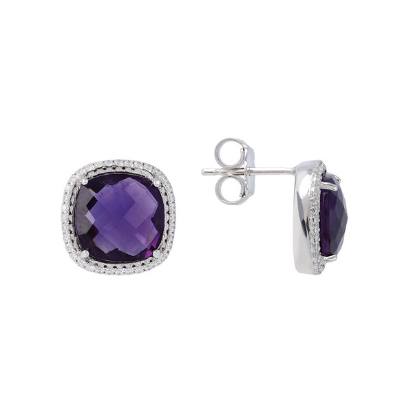 Amethyst Stud Earrings in 950 Platinum Plated Sterling Silver with Cubic Zirconia Pavé