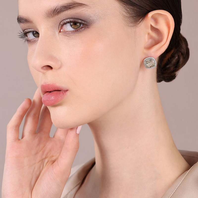 Boucles d'oreilles Lobe Améthyste en Argent 950 Plaqué Platine avec Pavé de Zircones Cubiques