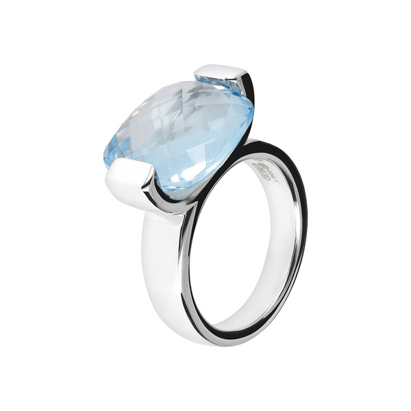Cocktail Ring in Platinum Plated 925 Sterling Silver with Faceted Azure Topaz