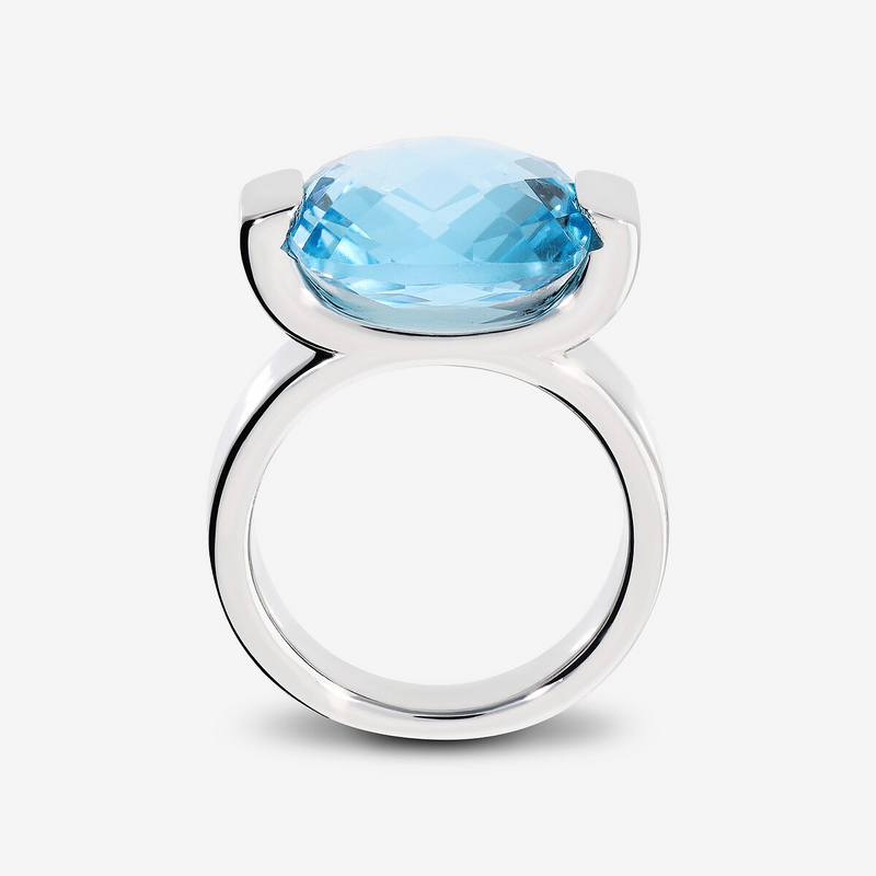 Cocktail Ring in Platinum Plated 925 Sterling Silver with Faceted Azure Topaz