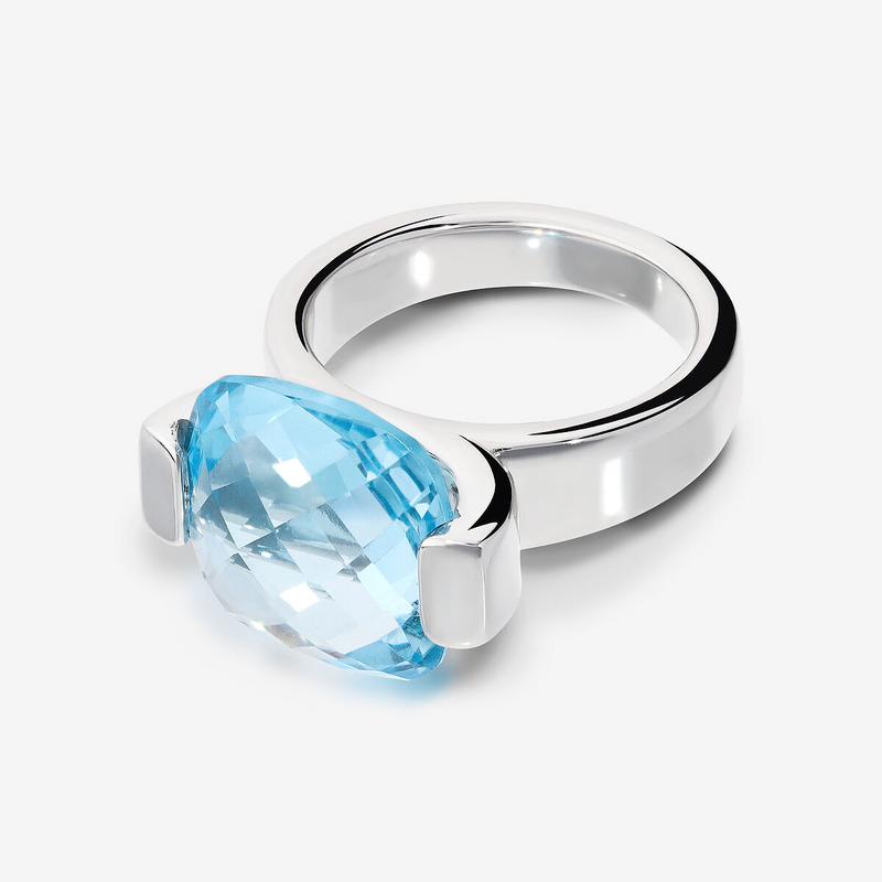 Cocktail Ring in Platinum Plated 925 Sterling Silver with Faceted Azure Topaz
