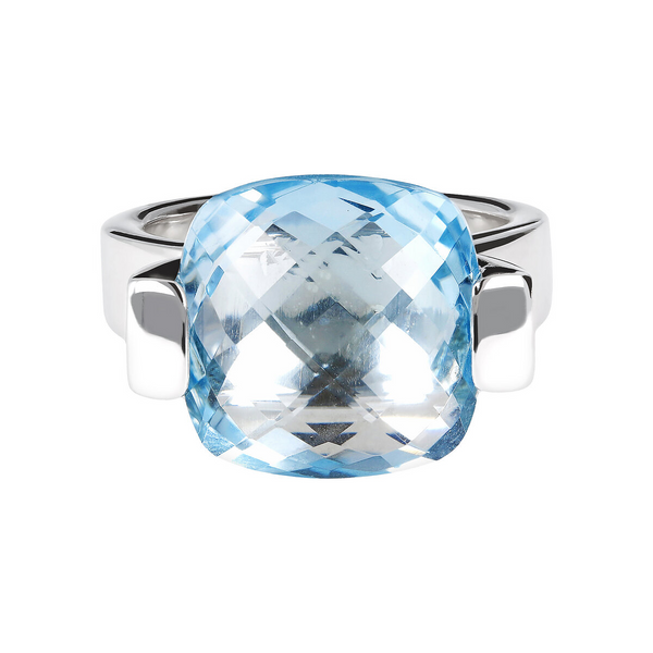 Cocktail Ring in Platinum Plated 925 Sterling Silver with Faceted Azure Topaz