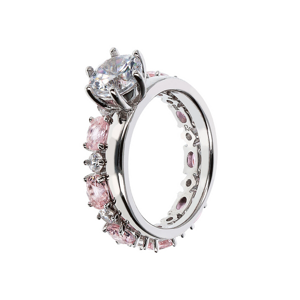 Set of Eternity and Solitaire Ring with Cubic Zirconia in Rhodium-plated 925 Sterling Silver 