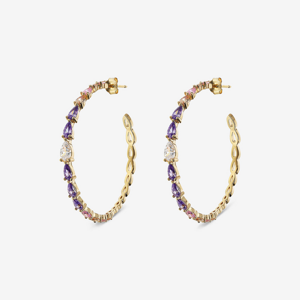 Boucles d'Oreilles Créoles en Argent 925 Plaqué Or Jaune 18 Carats avec Zircons Cubiques Multicolores