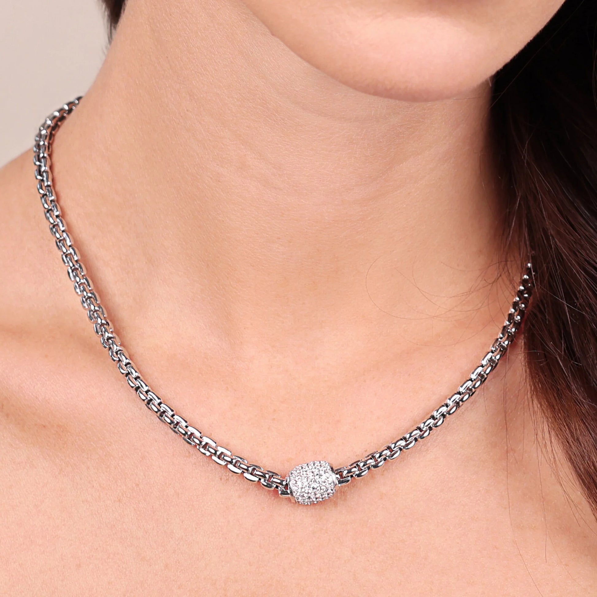Platinum-plated 925 Sterling Silver Venetian Link Necklace with Cubic Zirconia pavé