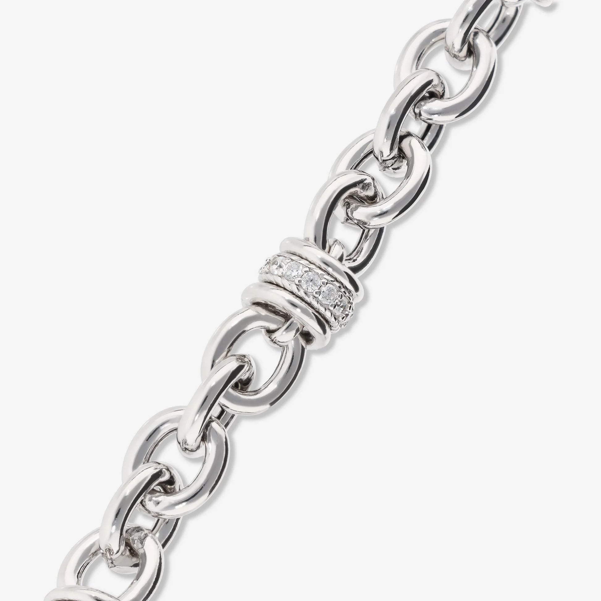 Rolo Mesh-Armband aus rhodiniertem 925er-Silber mit kubischem Pavé-Rondelle