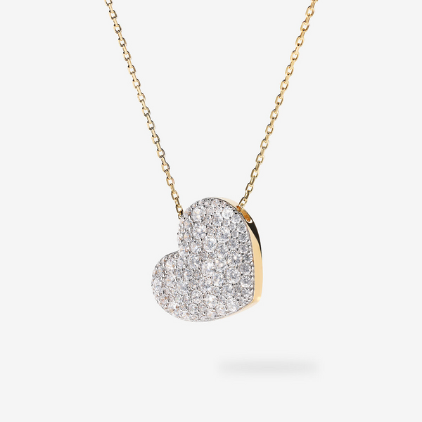 Collana Lunga in Argento 925 placcato Oro Giallo 18Kt e Pendente Cuore con Pavé in Cubic Zirconia