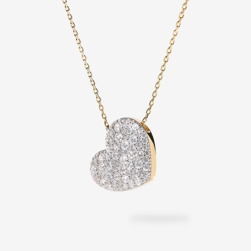 Collana Lunga in Argento 925 placcato Oro Giallo 18Kt e Pendente Cuore con Pavé in Cubic Zirconia