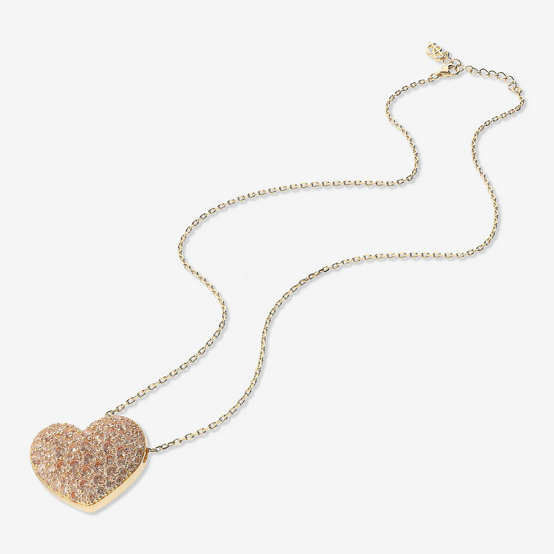 Collana Lunga in Argento 925 placcato Oro Giallo 18Kt e Pendente Cuore con Pavé in Cubic Zirconia