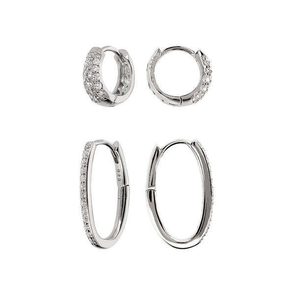 Set of rhodium Plated 925 Sterling Silver Hoop Earrings with Cubic Zirconia