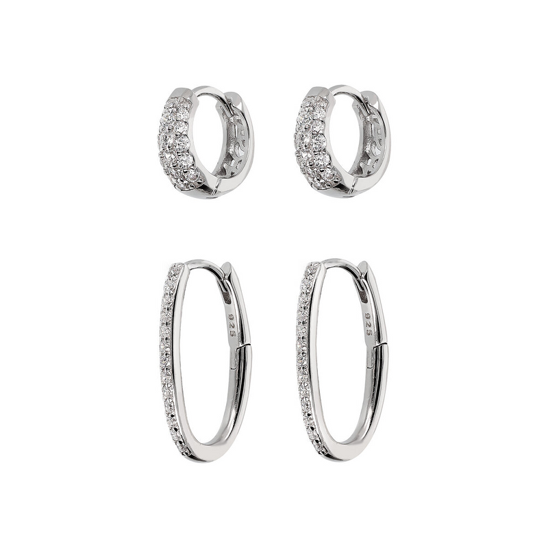Set of rhodium Plated 925 Sterling Silver Hoop Earrings with Cubic Zirconia