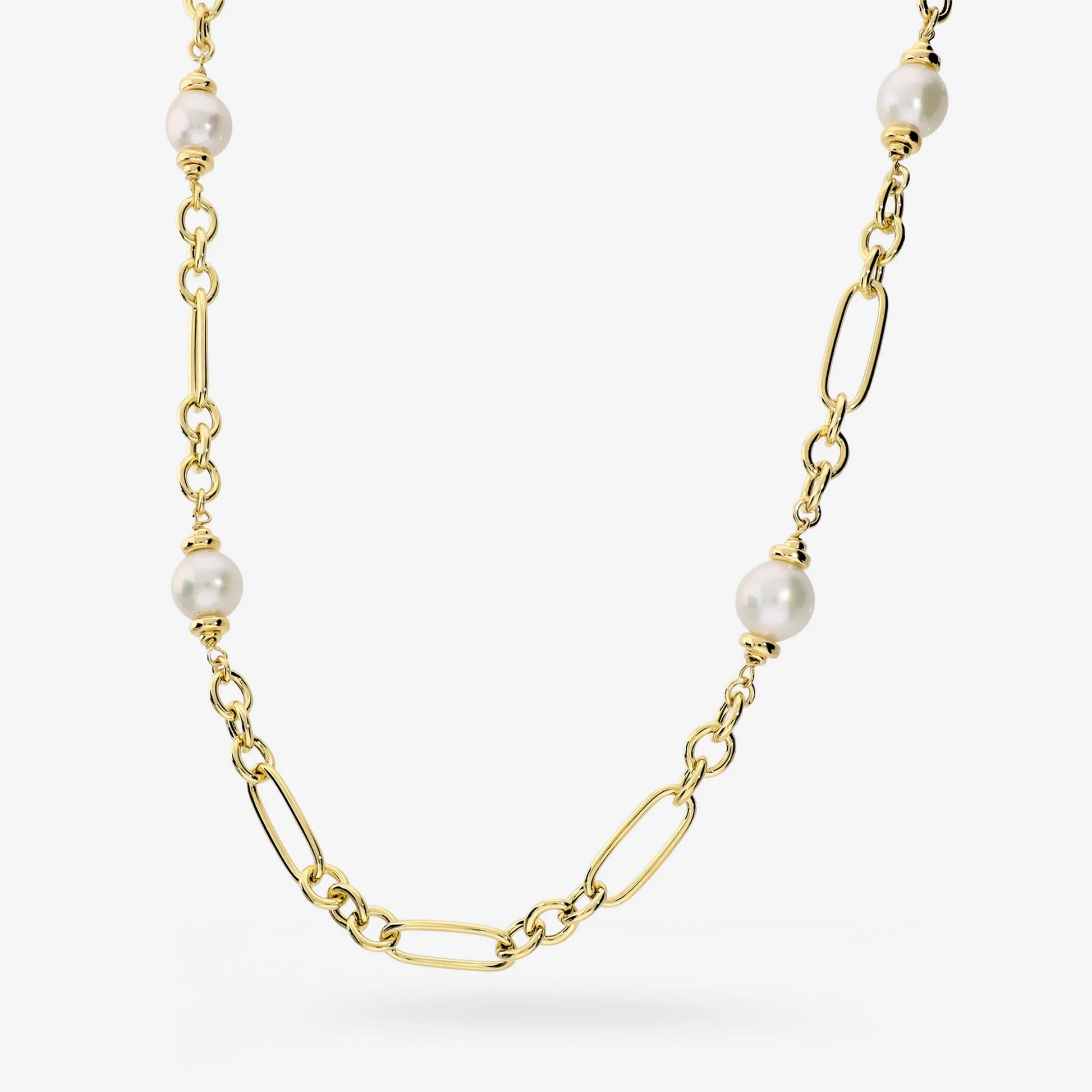 Collana Lunga placcata Oro Giallo 18Kt con Perle Ming Bianche d'Acqua Dolce Ø 9/10 mm