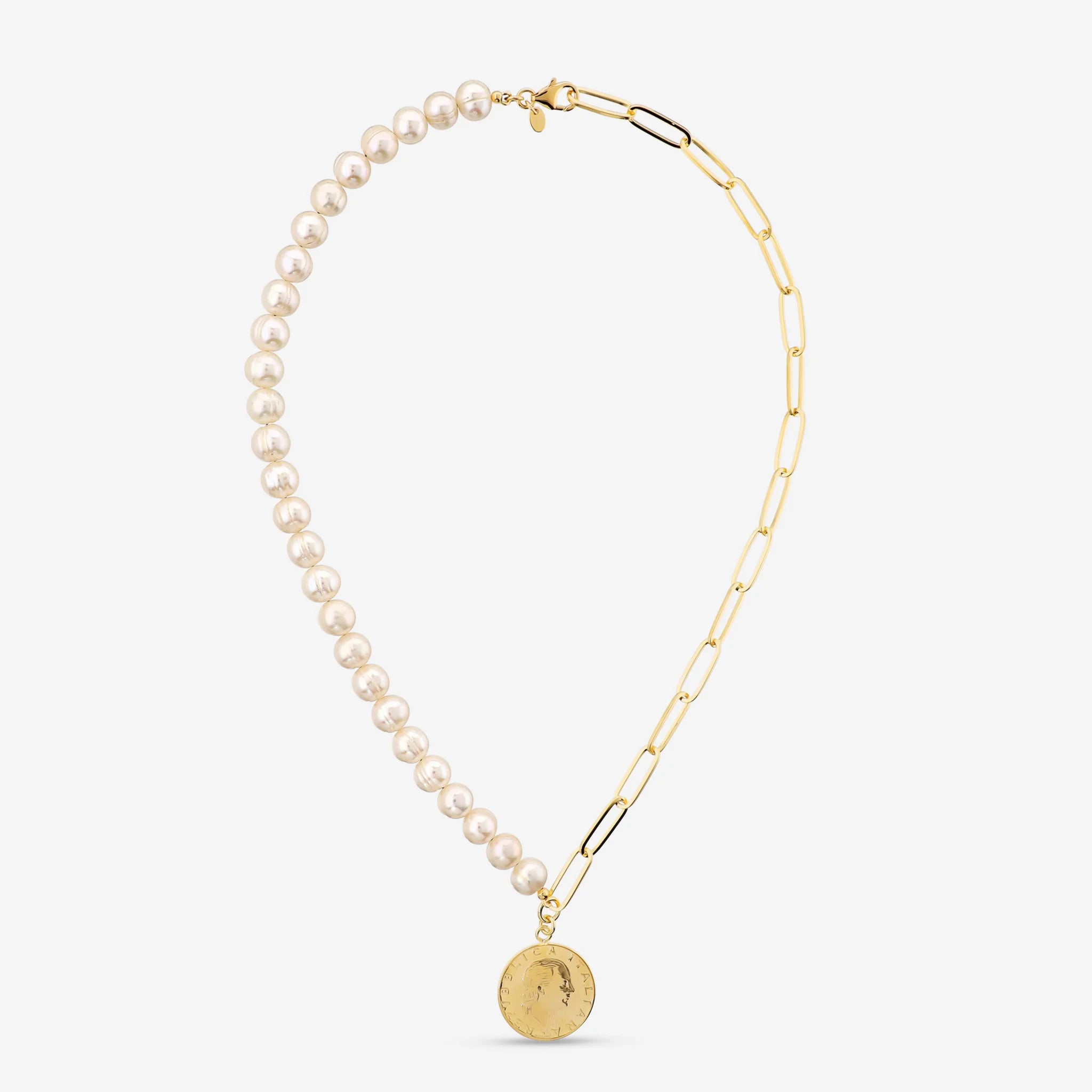Collana Maglia Forzatina con Pendente Moneta 200 Lire e Perle Coltivate d'Acqua Dolce Bianche Ø 8/9 mm