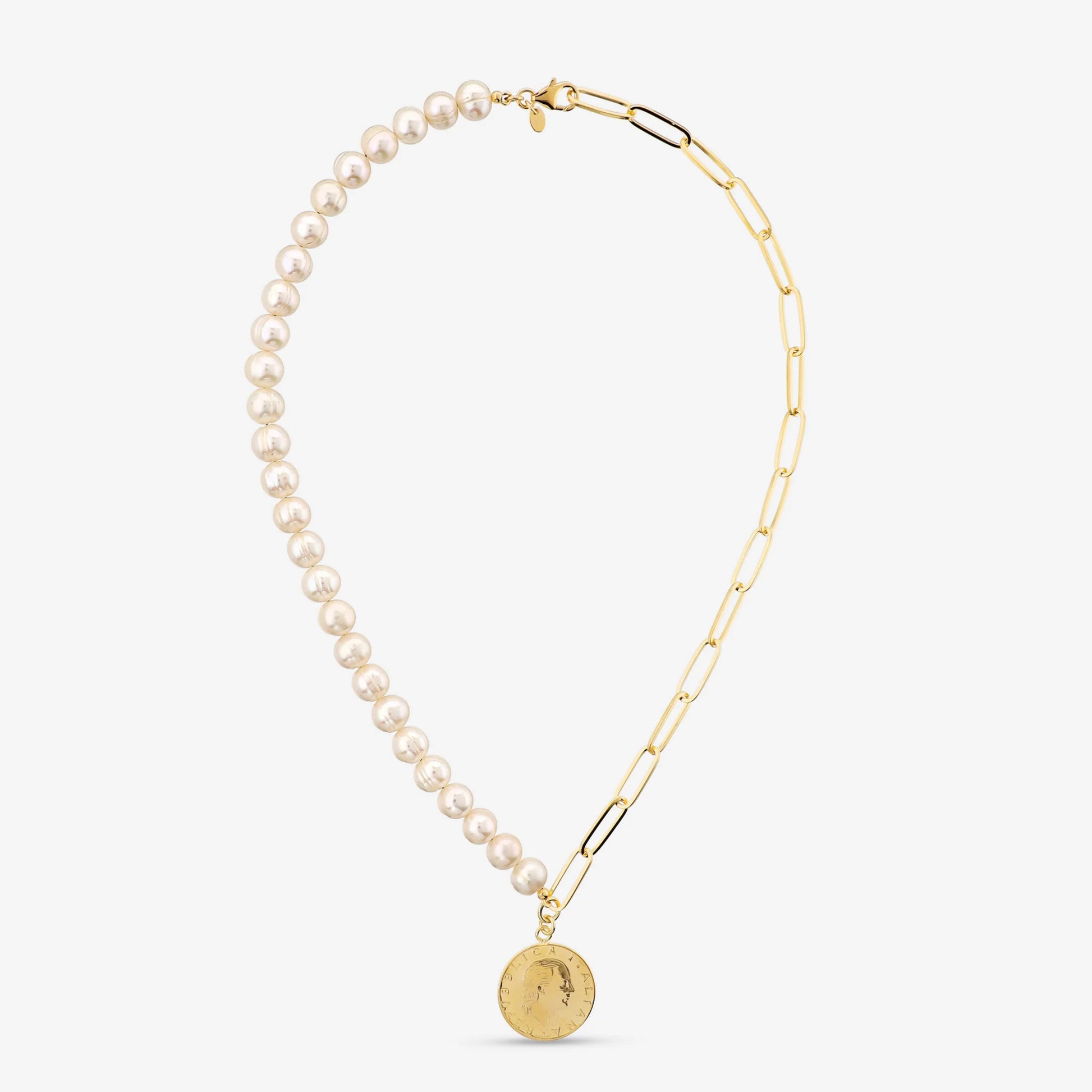 Collana Maglia Forzatina con Pendente Moneta 200 Lire e Perle Coltivate d'Acqua Dolce Bianche Ø 8/9 mm