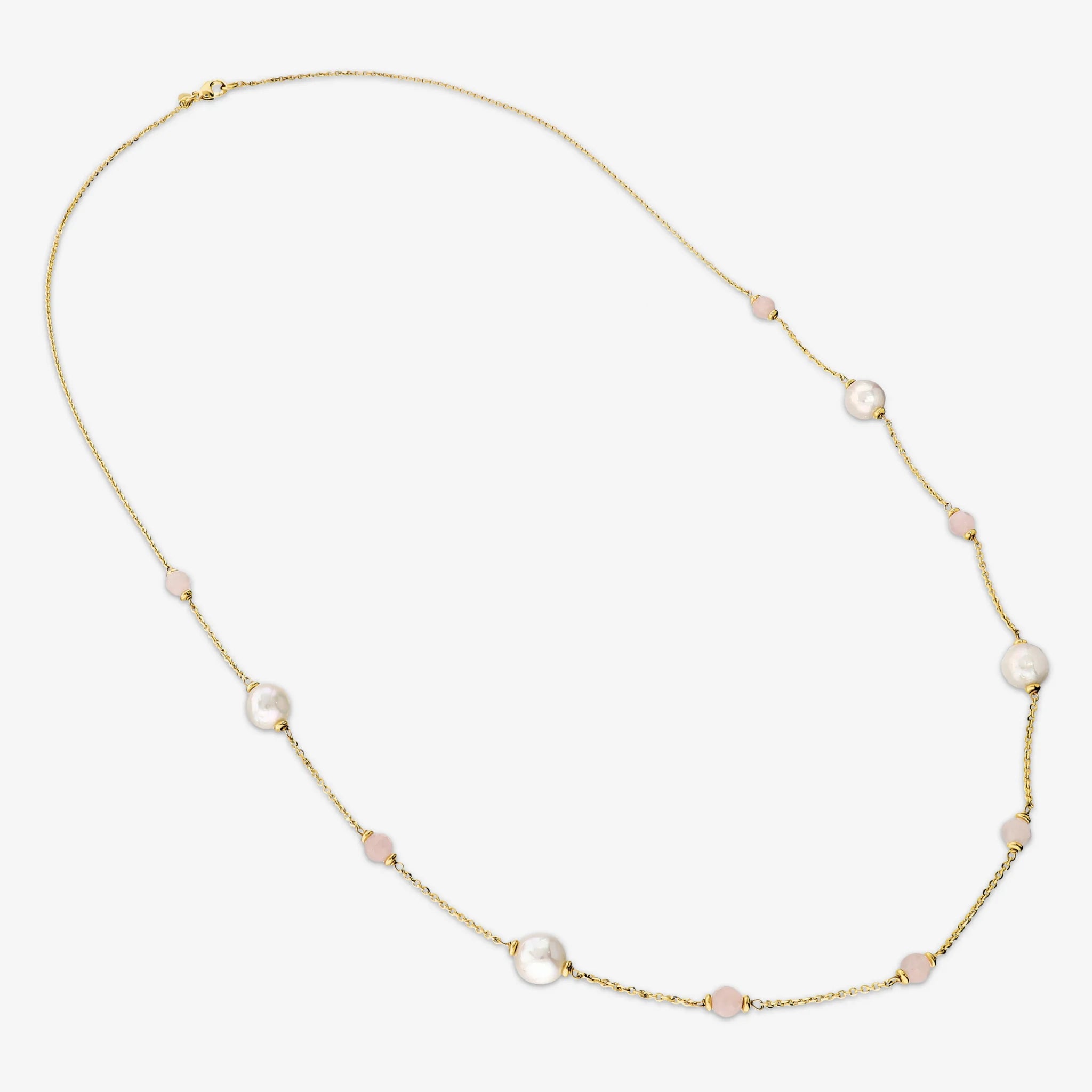 Collana Lunga con Quarzo Rosa e Perle Bianche d'Acqua Dolce