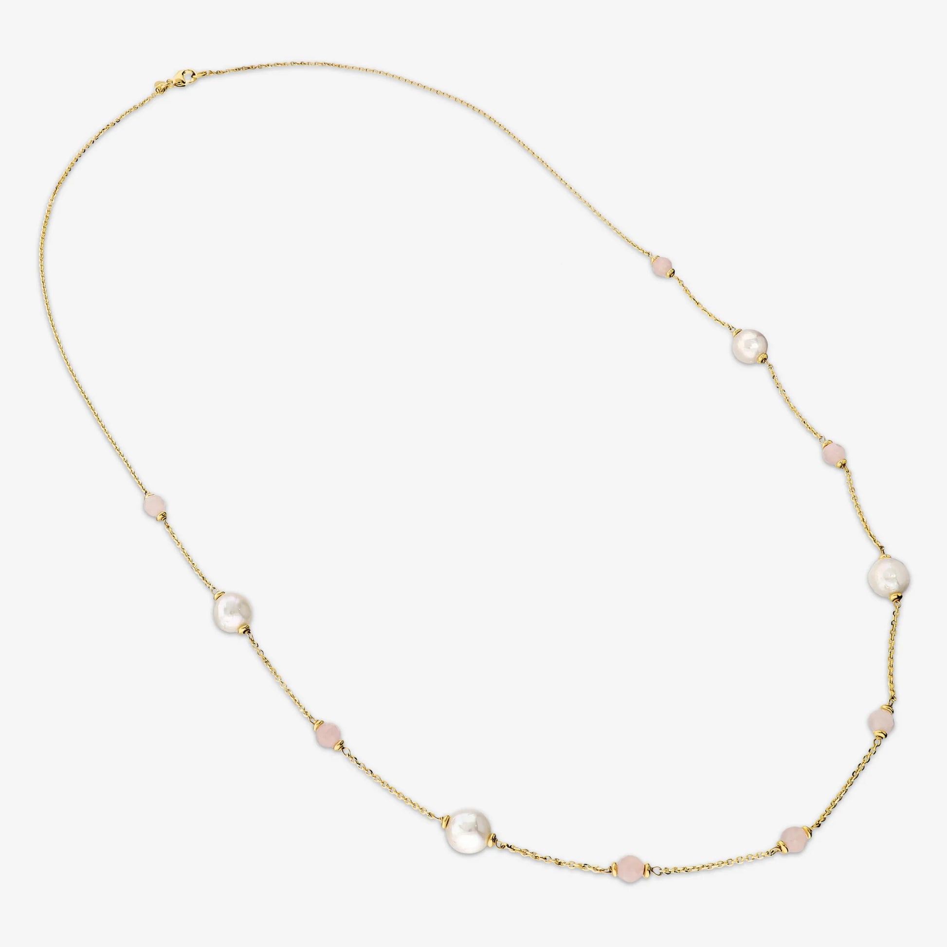 Collana Lunga con Quarzo Rosa e Perle Bianche d'Acqua Dolce