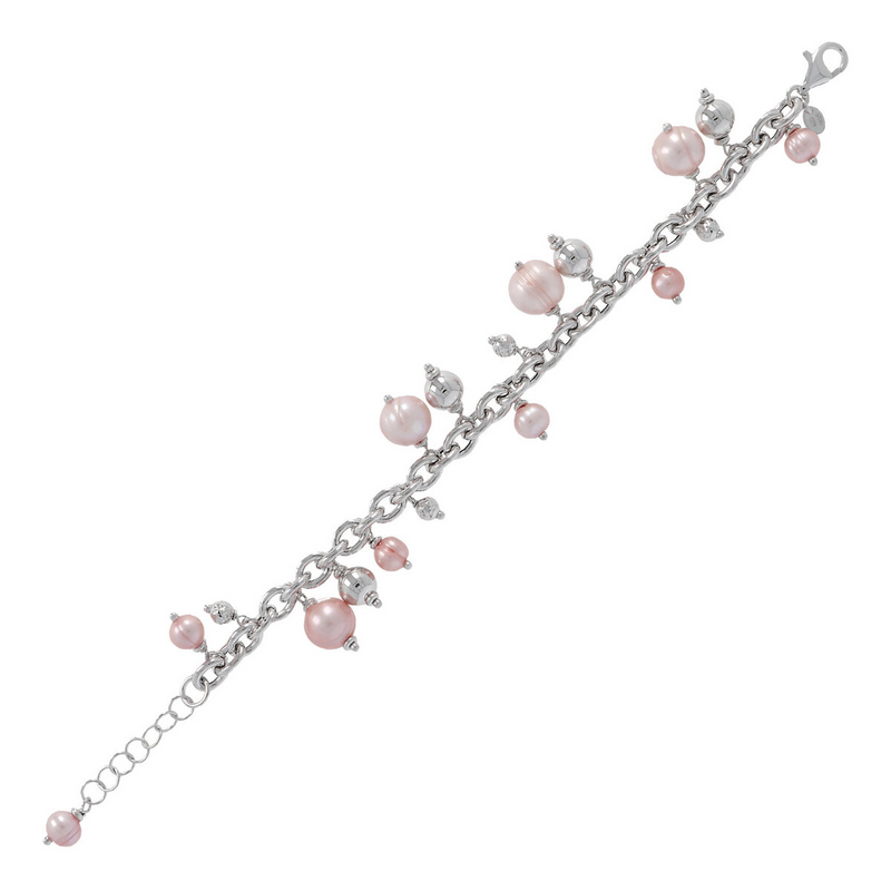 Bracelet with Rolo Chain and Charms in Pink Freshwater Pearls