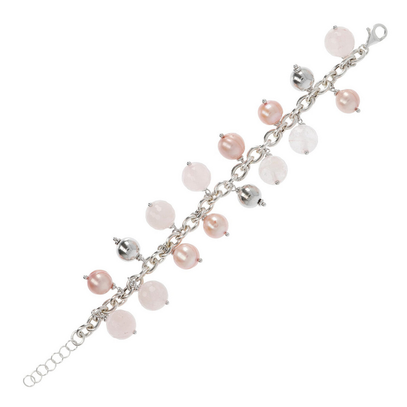 Bracelet avec chaîne Rolo et charms en quartz rose et perles d'eau douce roses