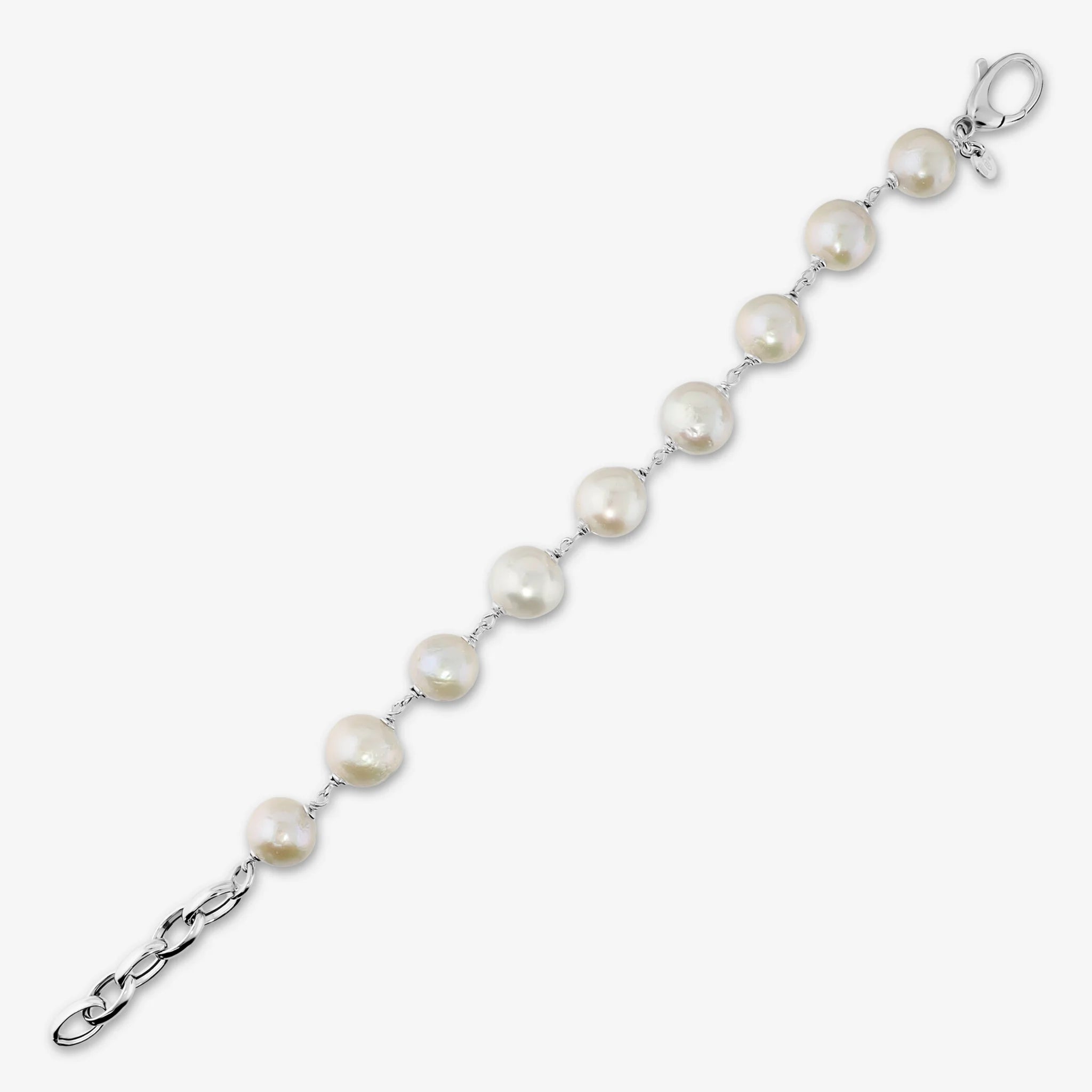 Bracciale in Argento 925 placcato Oro Bianco 18Kt con Perle Ming Bianche d'Acqua Dolce Ø 11/12 mm