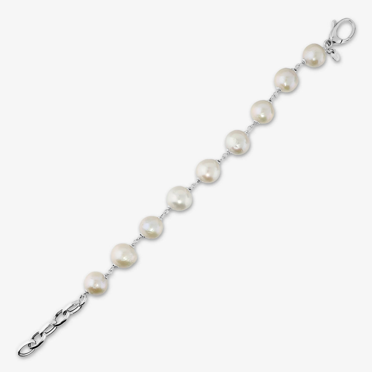 Bracciale in Argento 925 placcato Oro Bianco 18Kt con Perle Ming Bianche d'Acqua Dolce Ø 11/12 mm