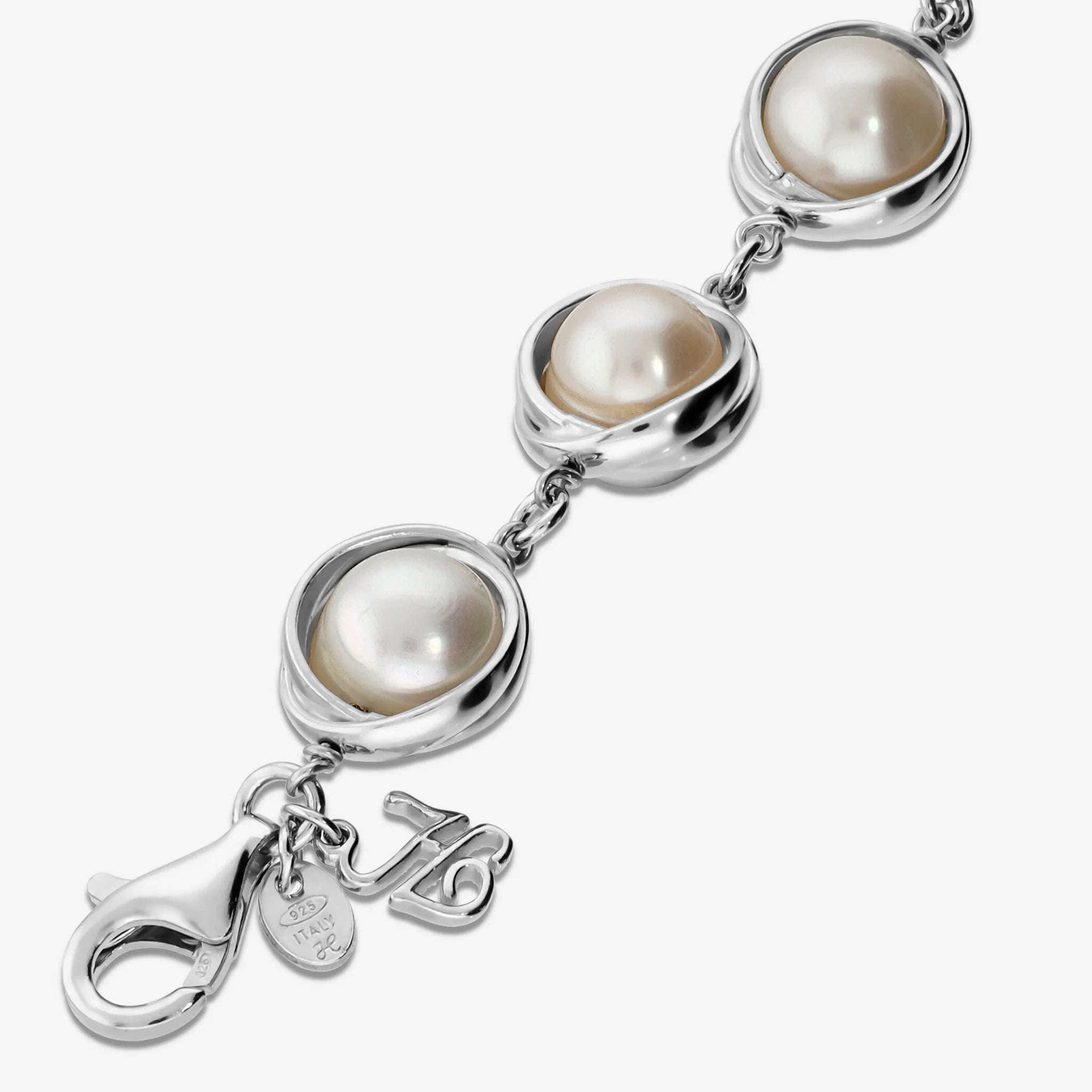 Bracciale in Argento 925 placcato Oro Bianco 18Kt con Perle Bianche d'Acqua Dolce Ø 8/9 mm