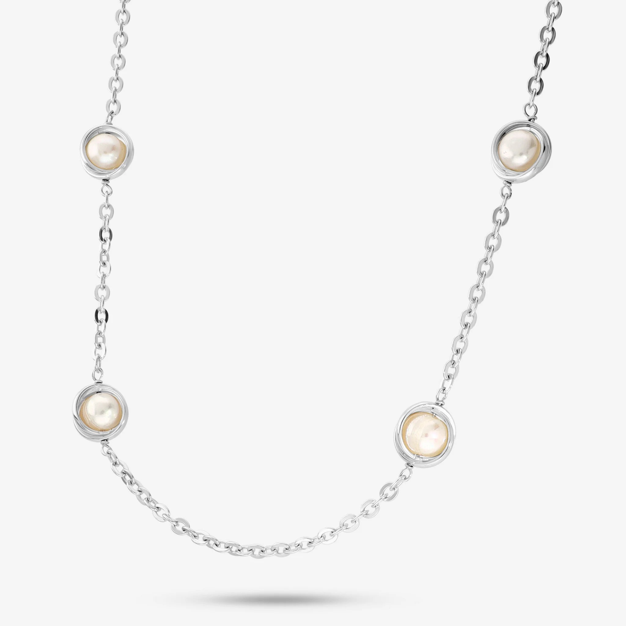 Collana Lunga in Argento 925 placcato Oro Bianco 18Kt con Perle Bianche d'Acqua Dolce Ø 8/9 mm
