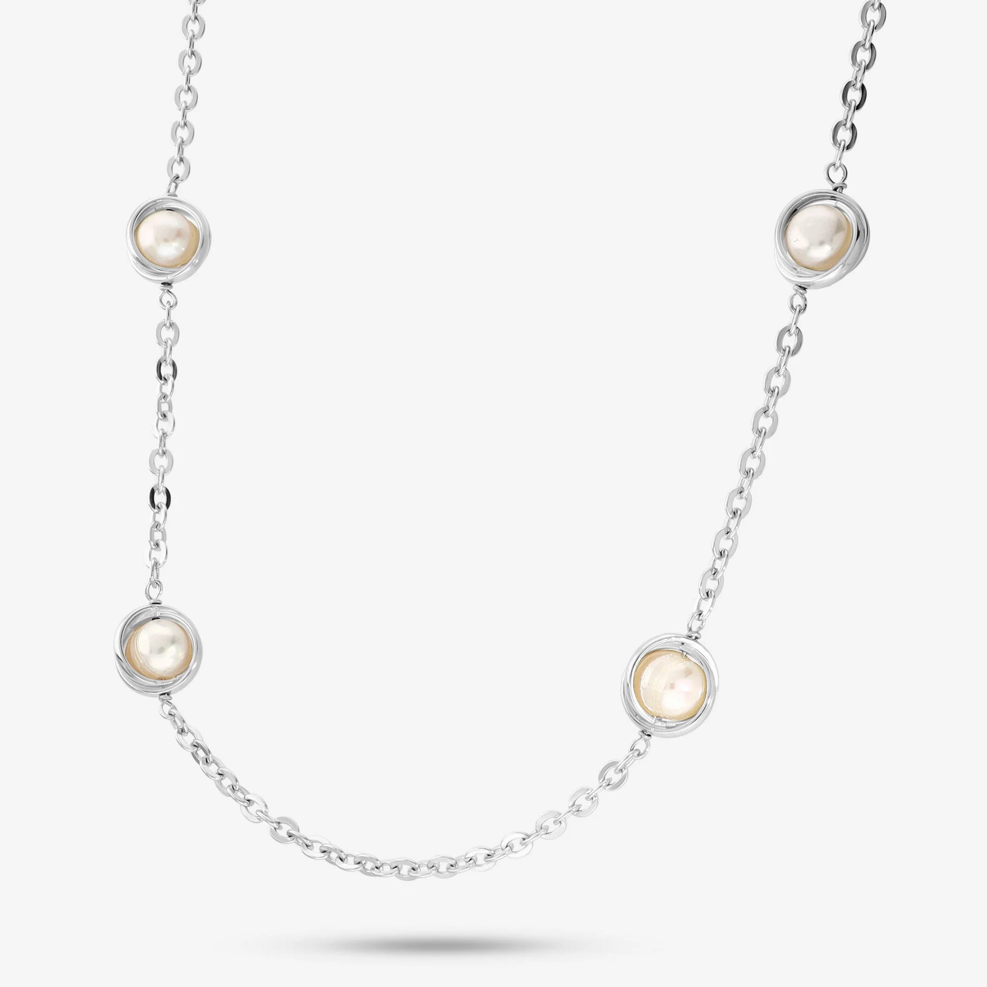Collana Lunga in Argento 925 placcato Oro Bianco 18Kt con Perle Bianche d'Acqua Dolce Ø 8/9 mm