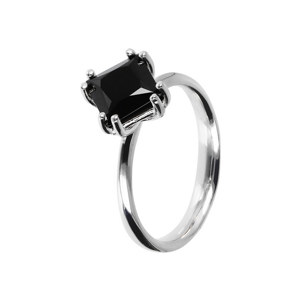 Solitaire Ring in Silver with Faceted Black Spinel Rhombus Shape